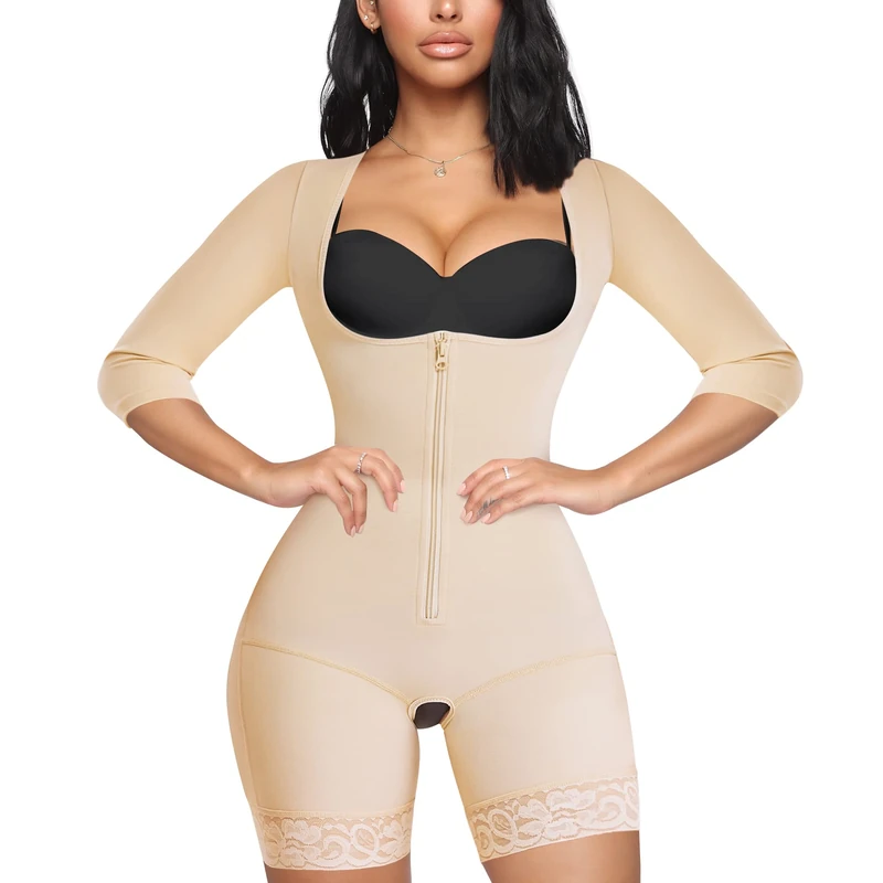 MERYOSZ Full Body Waist Trainer for Women Zipper Tummy Control Bodysuit Upper Arm Shaper Open Bust Slimmer Corset Shapewear, Beige, S - Image 1