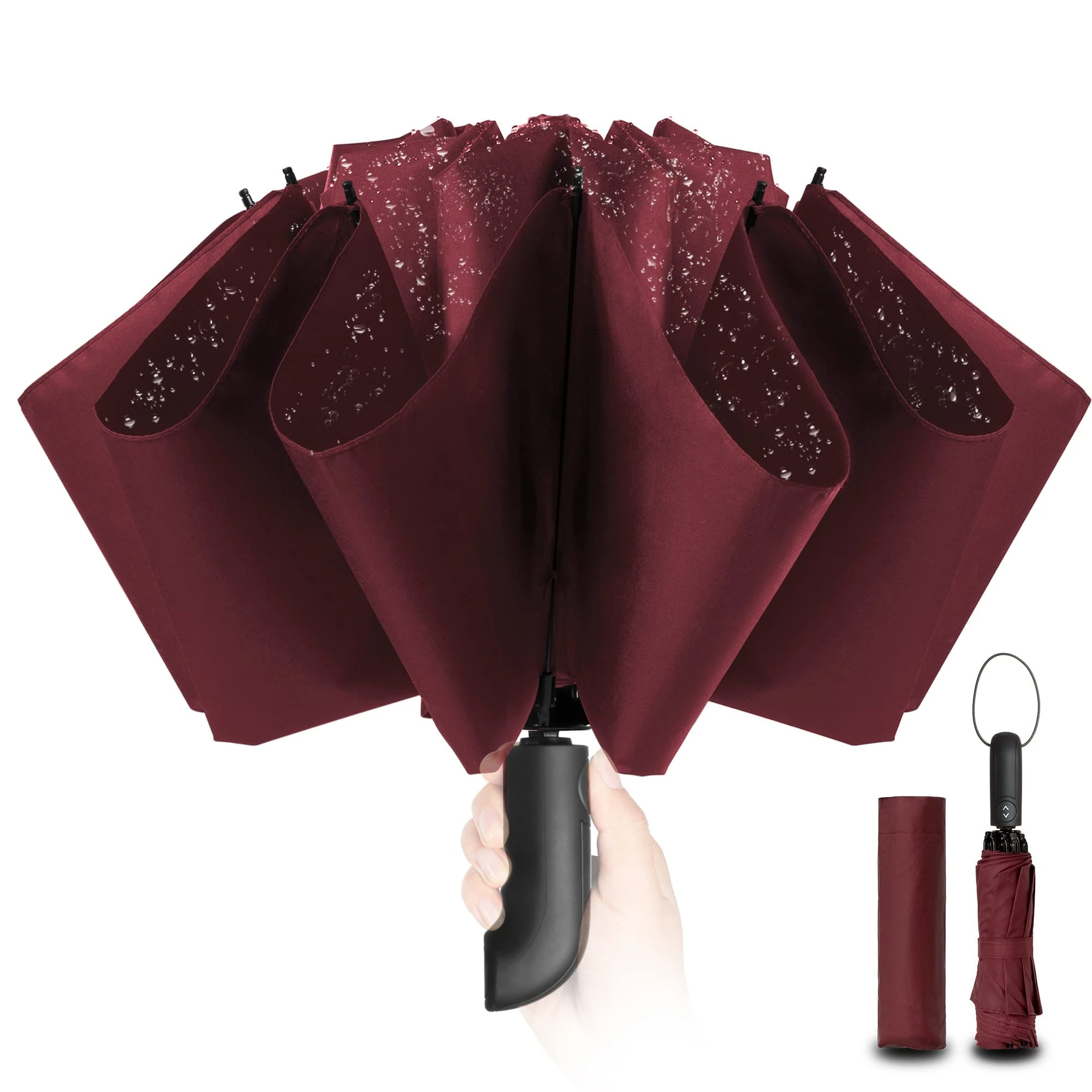 Compact Umbrella Windproof Strong - Automatic Windproof Inverted Umbrellas for Men and Women, 210T Fabric 105cm Span, 10 Large Ribs Red Umbrella