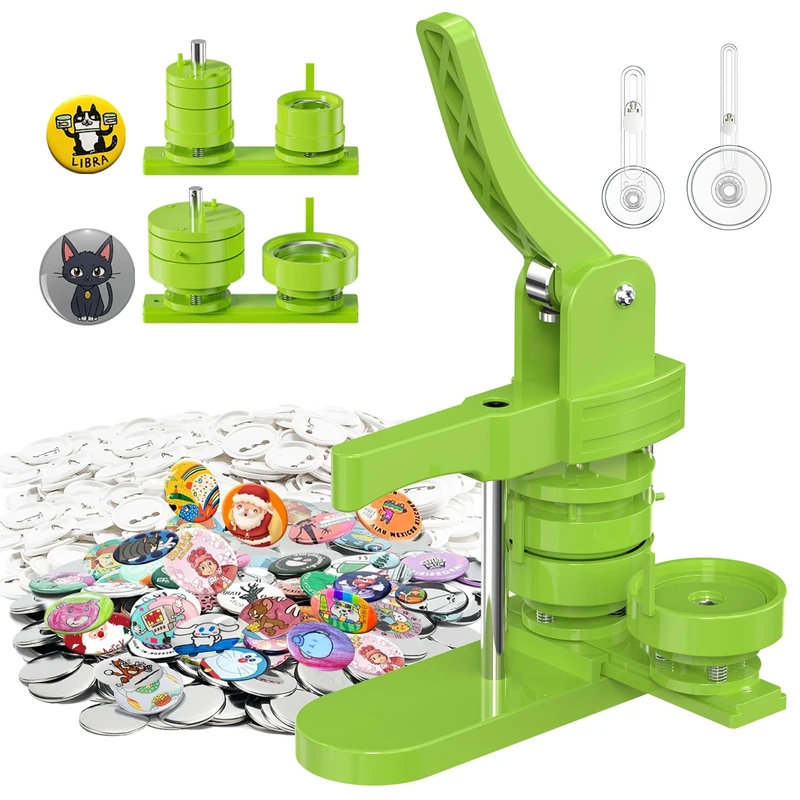 Aiment Multiple Sizes Button Maker Machine - 1+1.25+2.25 Inch Photo Pin Badge Press for Kids with 600 Sets Making Supplies, Cutter & Magic Book (Green, 25/32/58mm)