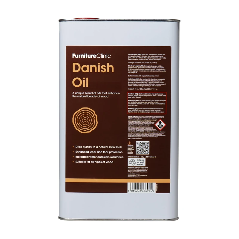 Furniture Clinic Danish Oil for Wood - Premium Finishing Oil to Enhance The Natural Beauty of Oak, Pine & Wooden Worktop Surfaces - Seal & Protect for a Satin Finish - 5L