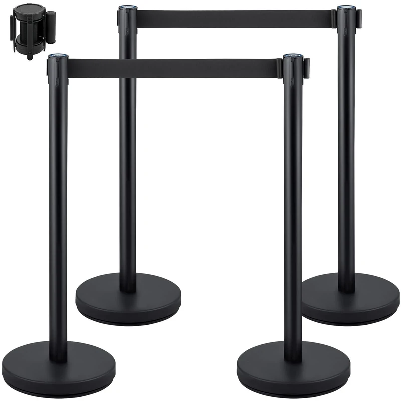 VEVOR Crowd Control Stanchion, Set of 4 Pieces Stanchion Set, Stanchion Set with 6.6 ft/2 m Black Retractable Belt, Black Crowd Control Barrier w/Concrete and Metal Base – Easy Connect Assembly