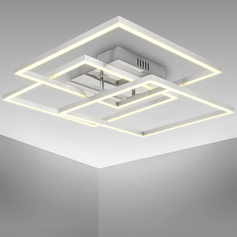 B.K.Licht LED Ceiling Light, 40W, 2 swivelling Frames, Warm White Light 3000K, Built-in LEDs, Office Ceiling lamp, Brushed Aluminium/Chrome Colour