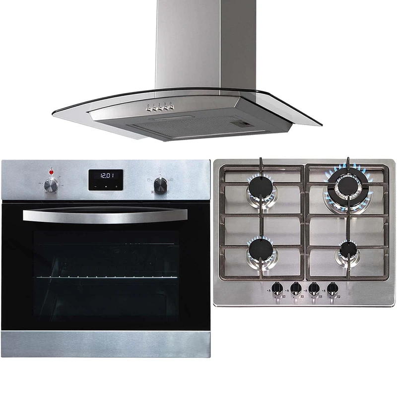 SIA SO114SS 60cm Stainless Steel Digital Electric Single True Fan Oven, SSG601SS 4 Burner Gas Hob with Cast Iron Pan Stands & Curved Glass Cooker Hood