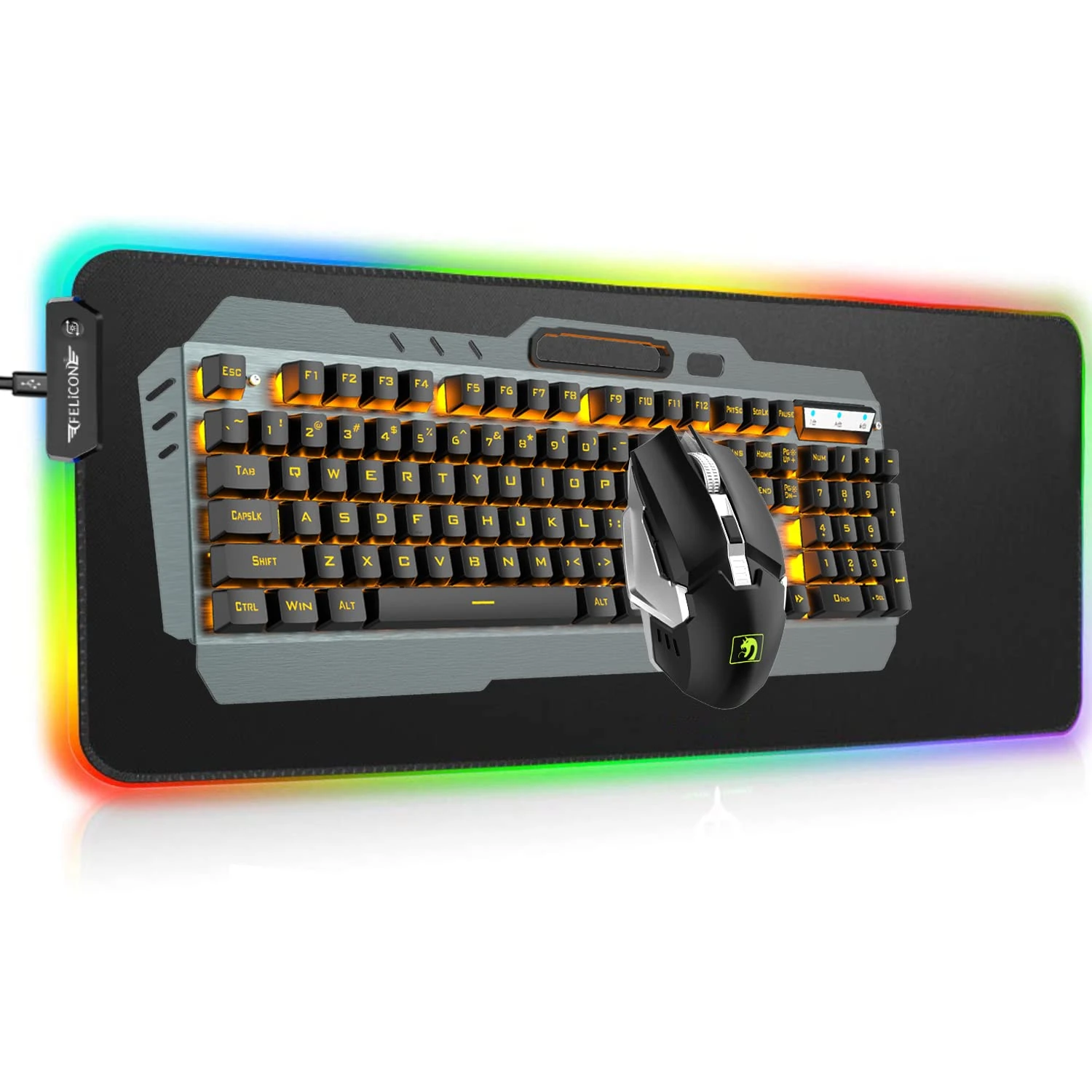 MAMBASNAKE 3 in 1 Wireless 2.4G Rechargeable Gaming Keyboard Mouse Set 3800mAh Orange LED Backlit Gaming Keyboard +2400DPI 7 Colors Breathing Light Silent Mouse+Oversized RGB Gaming Mouse Pad（Black）