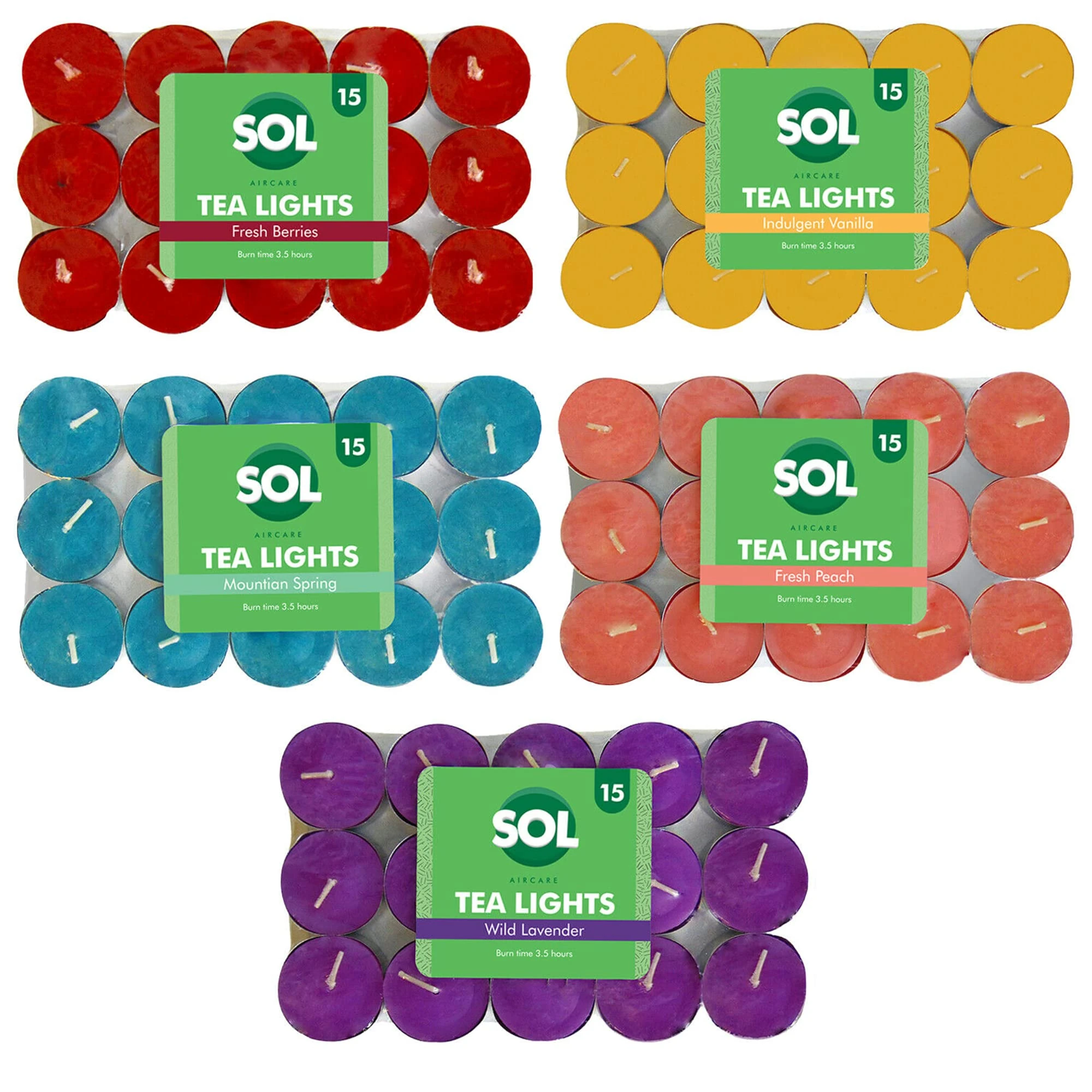 SOL 60pk Mixed Scented Tea Lights Candles - Fresh Berries, Lavender, Fresh Peach, Mountain Spring, Vanilla Scented Tea Lights, Long-Lasting for Home Decor, Aromatic, Cosy Evenings & Special Occasion