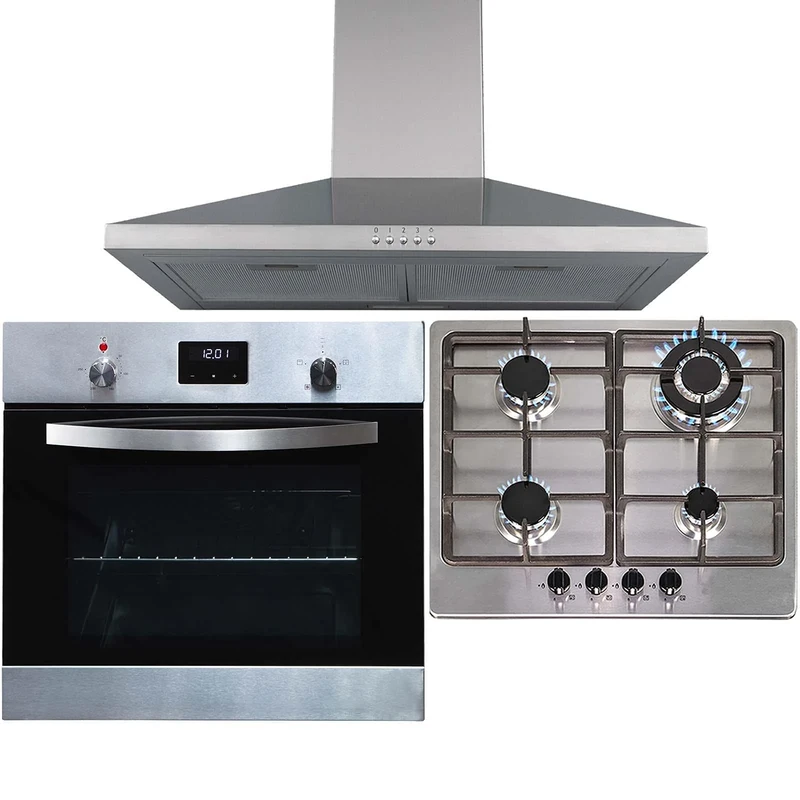 SIA SO114SS 60cm Stainless Steel Digital Electric Single True Fan Oven, SSG601SS 4 Burner Gas Hob with Cast Iron Pan Stands & Cooker Hood