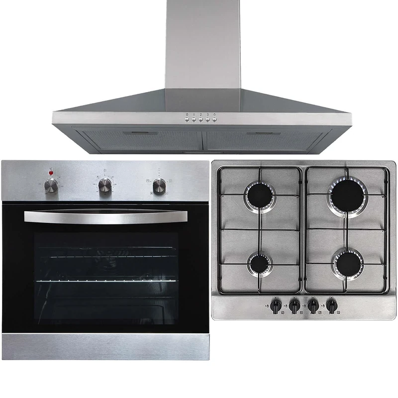 SIA SO113SS 60cm Stainless Steel Electric Single Fan Oven, SSG601SS 4 Gas Burner Hob With Enamel Pan stands & CHL60SS Pyramid Chimney Cooker Hood