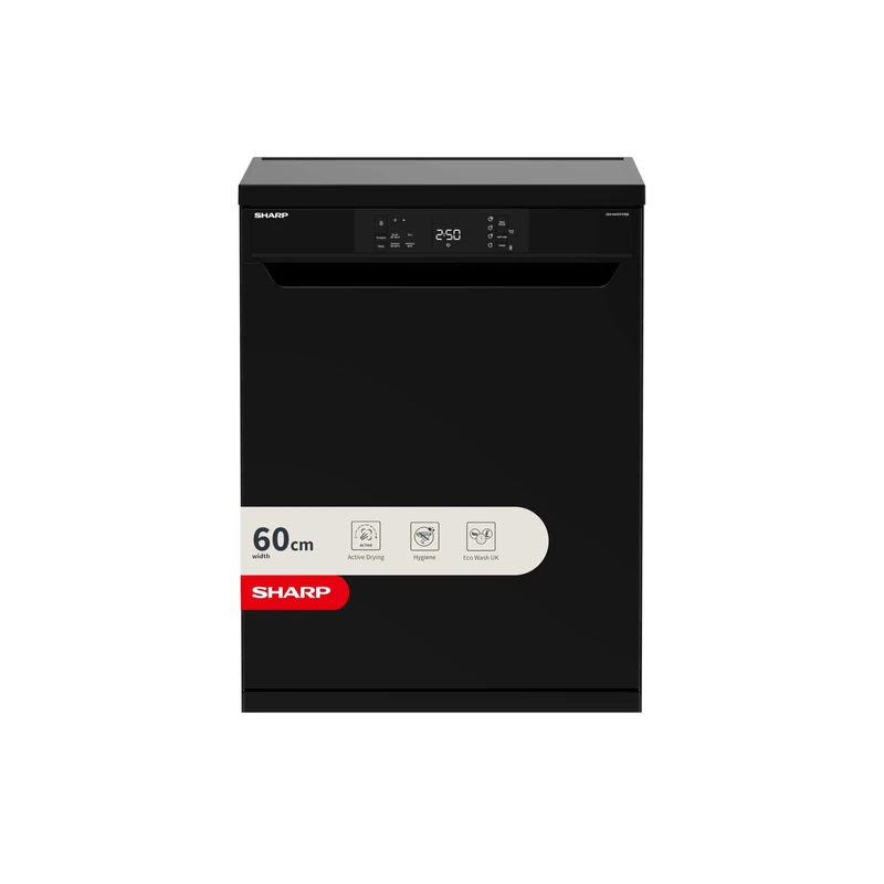 SHARP QW-NA1CF47EB, Freestanding, Dishwasher, 13 Place Settings, White LED Display, Active Drying, Black Colour
