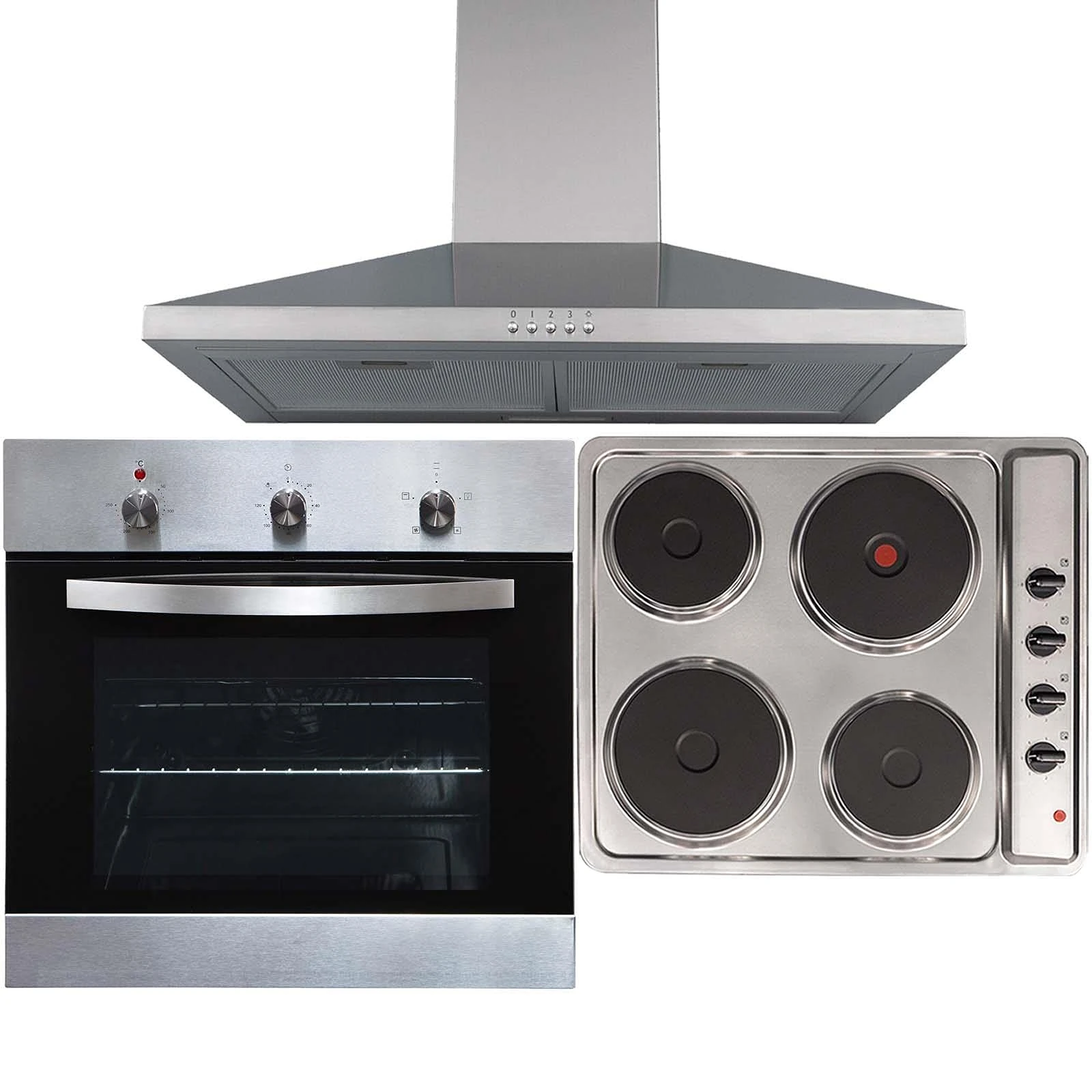 SIA SO113SS 60cm Stainless Steel Built-in/Under Single Electric Fan Oven, PHP601BL 60cm 4 Zone Solid Plate Side Control Hob & Chimney Cooker Hood
