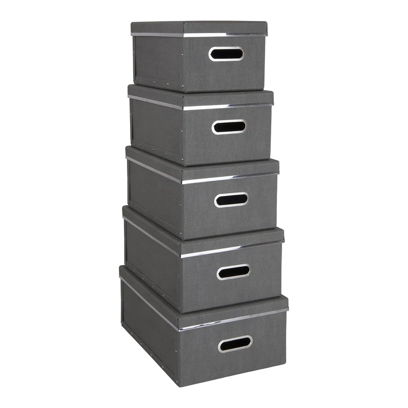 Bigso Box of Sweden Set of 5 Storage Boxes with Lids - Engineered Wood Storage Baskets for Wardrobe or Office - Stackable Storage Cubes in Varying Sizes - Grey