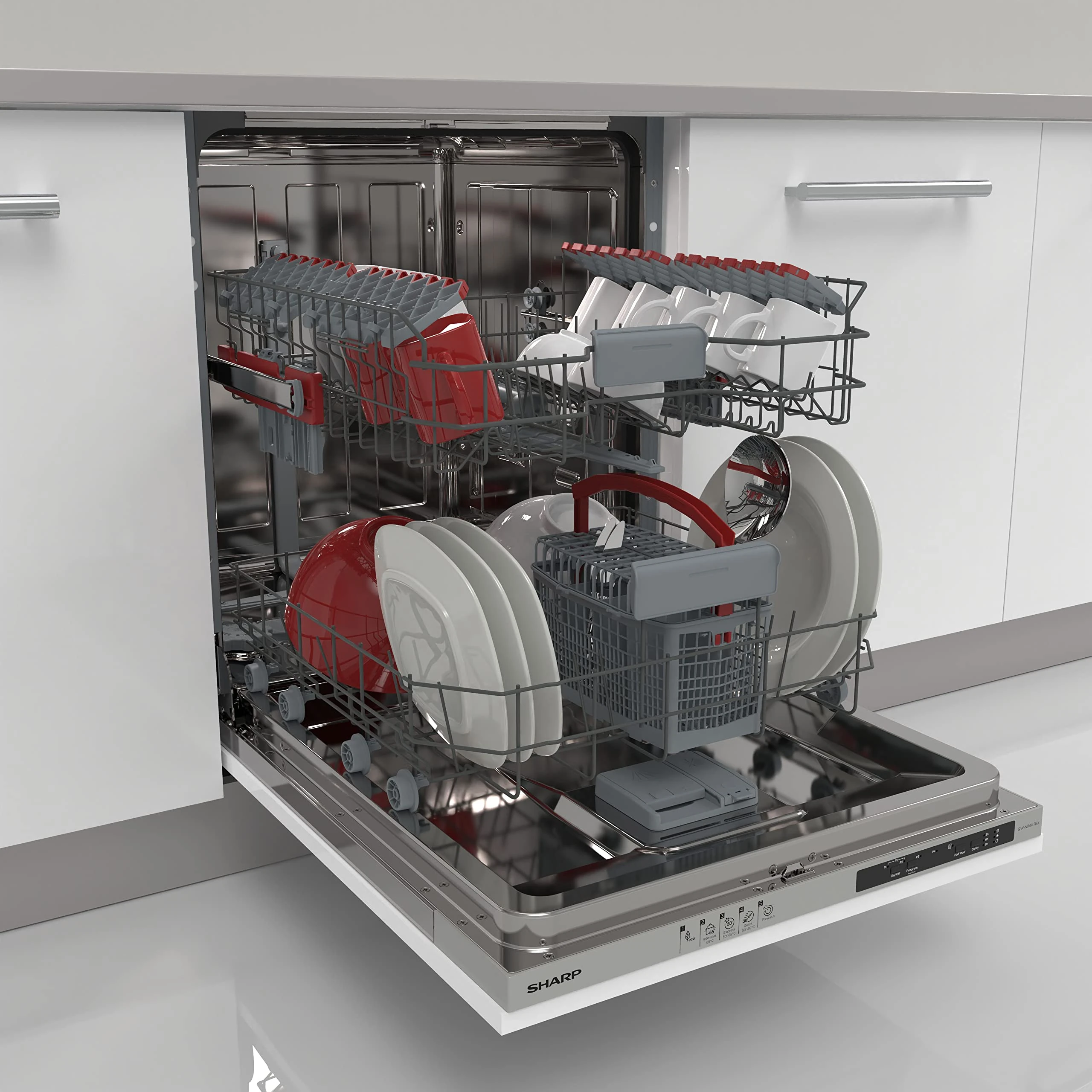 SHARP QW-NI4I47EX-EN, 45 cm Integrated Dishwasher, 13 Place Settings, 2 Racks, Active Drying, Half Load, Silver