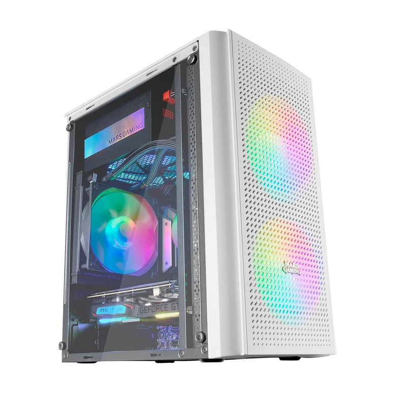 Mars Gaming MC300W White, Micro ATX PC Case, Tempered Glass, Front MESH, 3xFRGB Fans