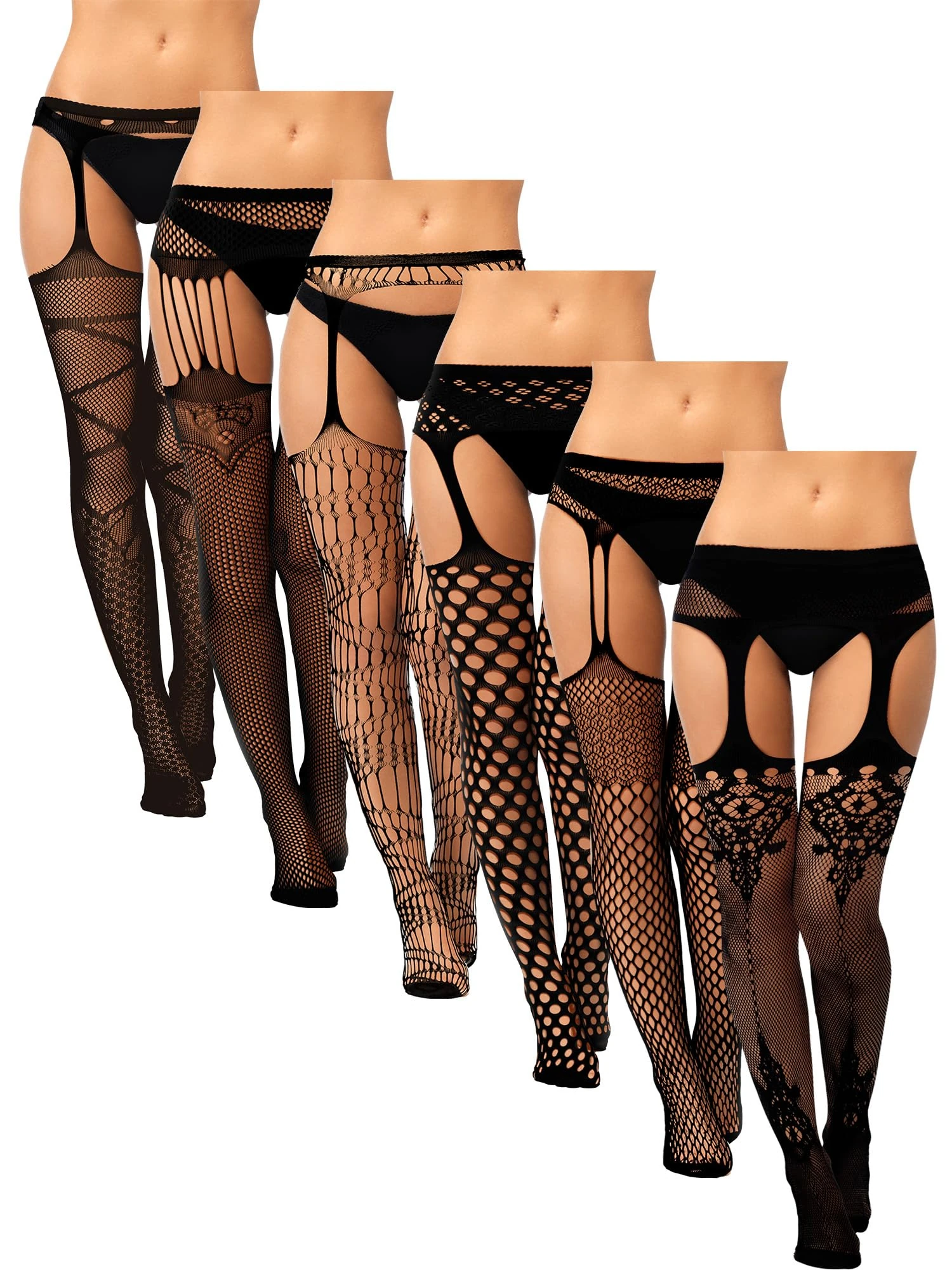 Syhood 6 Pairs Women Fishnet Suspender Stockings Thigh High Stockings Lace Tights Pantyhose for Women Halloween Costumes(Black)