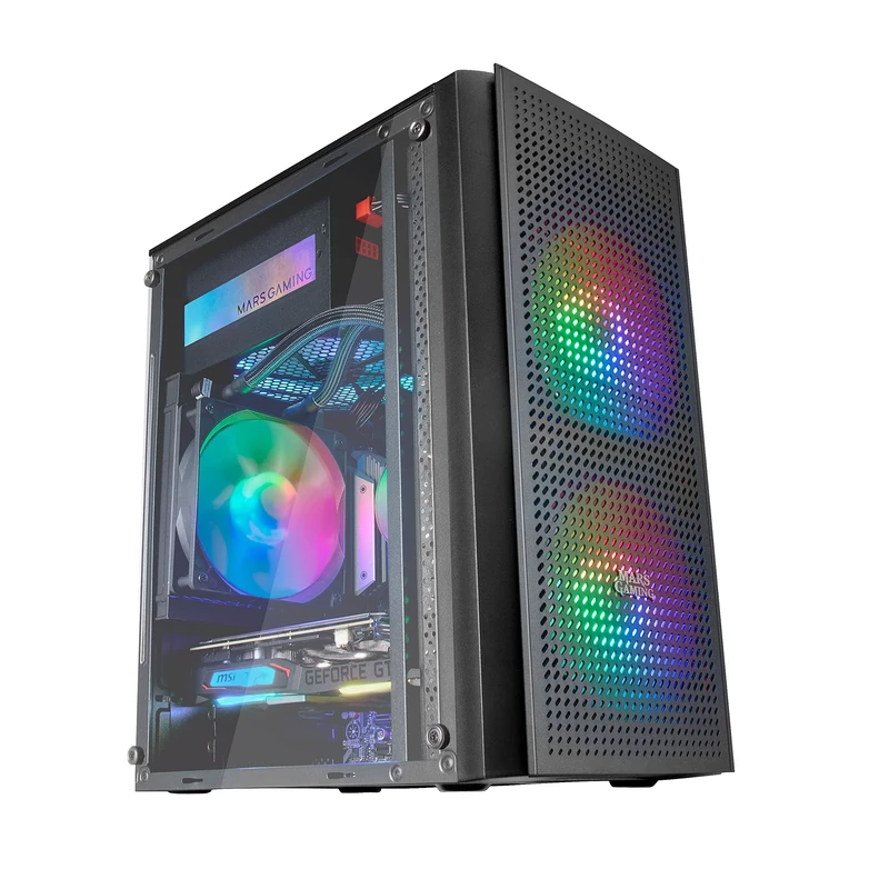 Mars Gaming MC300 Black, Micro ATX PC Case, Tempered Glass, Front MESH, 3xFRGB Fans