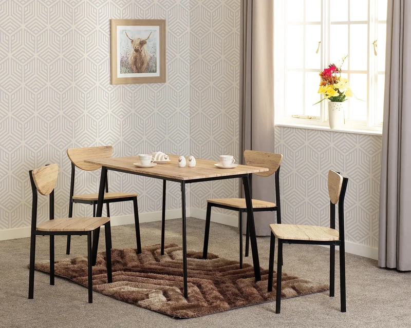 Seconique Riley Large Dining Set with 4 Dining Chairs in Black/Light Oak Effect Veneer