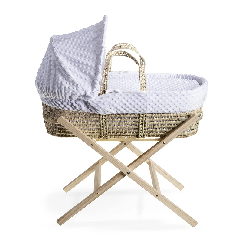 Clair de Lune Dimple Palm Moses Basket With Natural Folding Stand 75 x 28 cm (White)