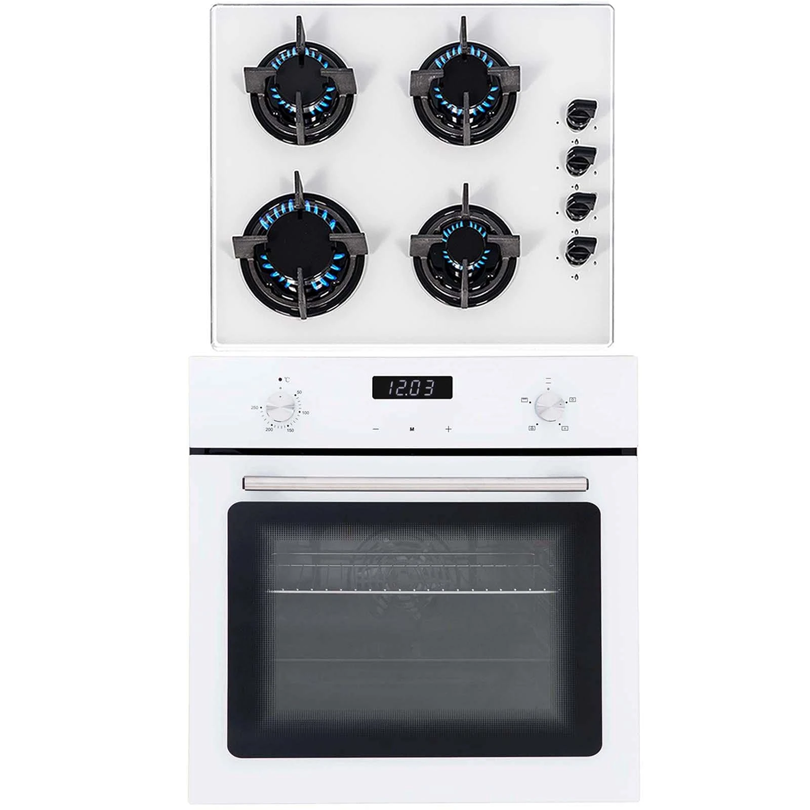SIA 60cm White Single Electric True Fan Kitchen Oven & 4 Burner Gas On Glass Hob