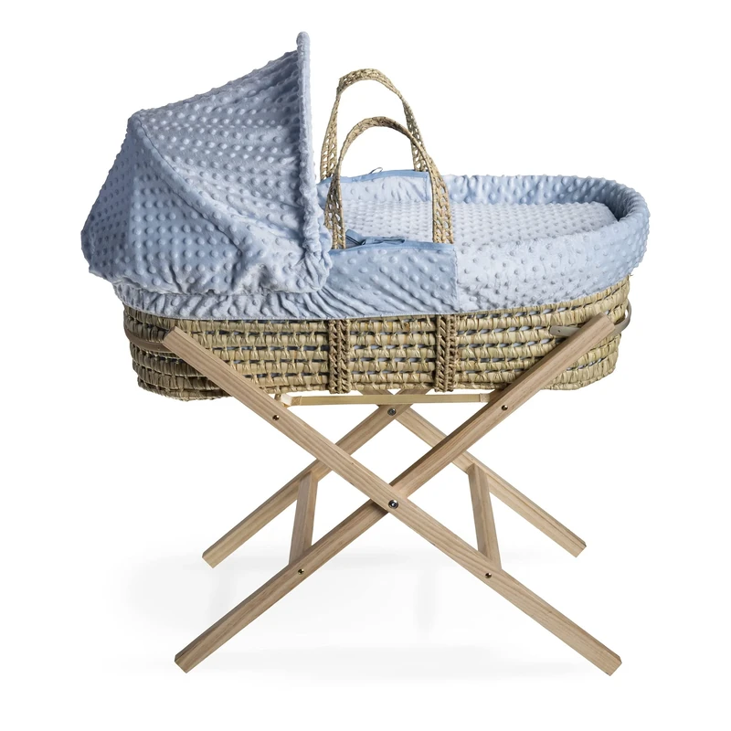 Clair de Lune Dimple Palm Moses Basket With Natural Folding Stand 75 x 28 cm (Blue)