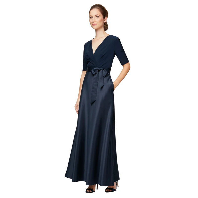 Alex Evenings Women's Ballgown Formal Event Dress with Pockets and Tie Belt (Petite and Regular Sizes) Special Occasion, Navy Satin, 16