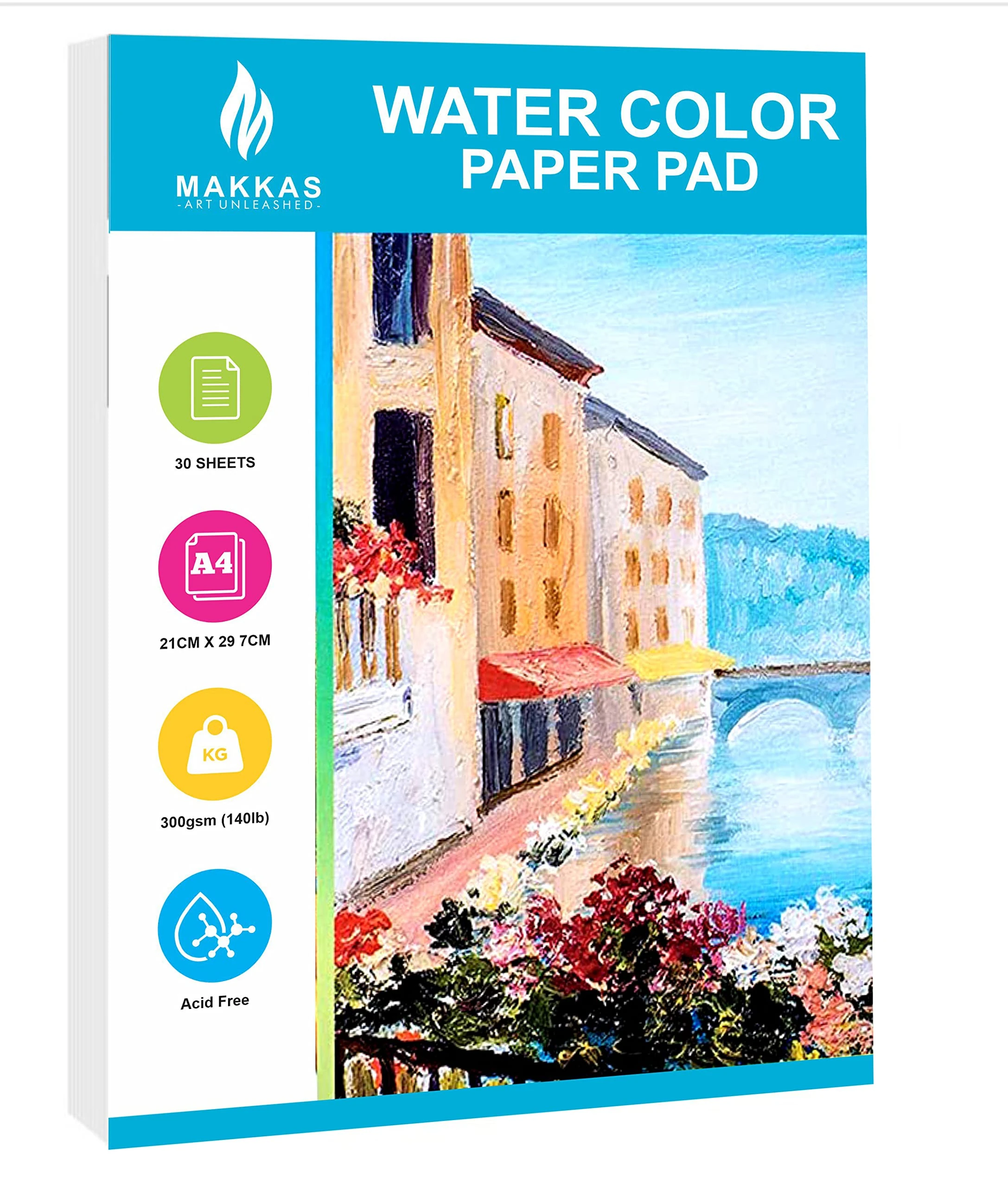 Makkas Watercolour Paper Pad A4 30 Sheets 140lb / 300gsm Cotton Blend Student Grade | Includes Pad Only | Cold Pressed & Acid Free Watercolour Sketchbook (Watercolour Pad)