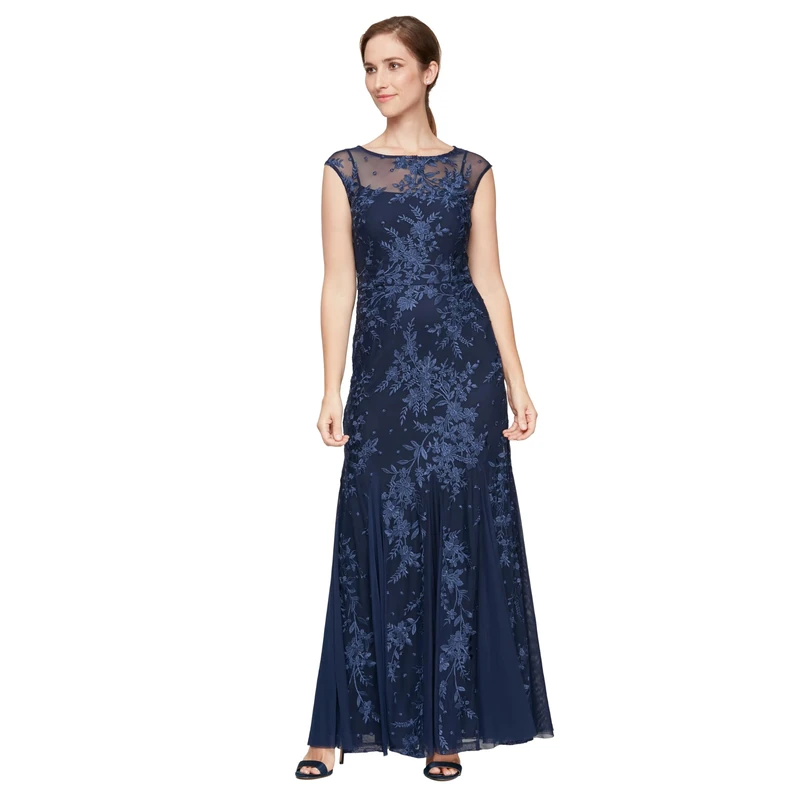 Alex Evenings Women's Long Fit and Flare Dress Godet Detail (Petite and Regular) Special Occasion, Navy Embroidery, 14
