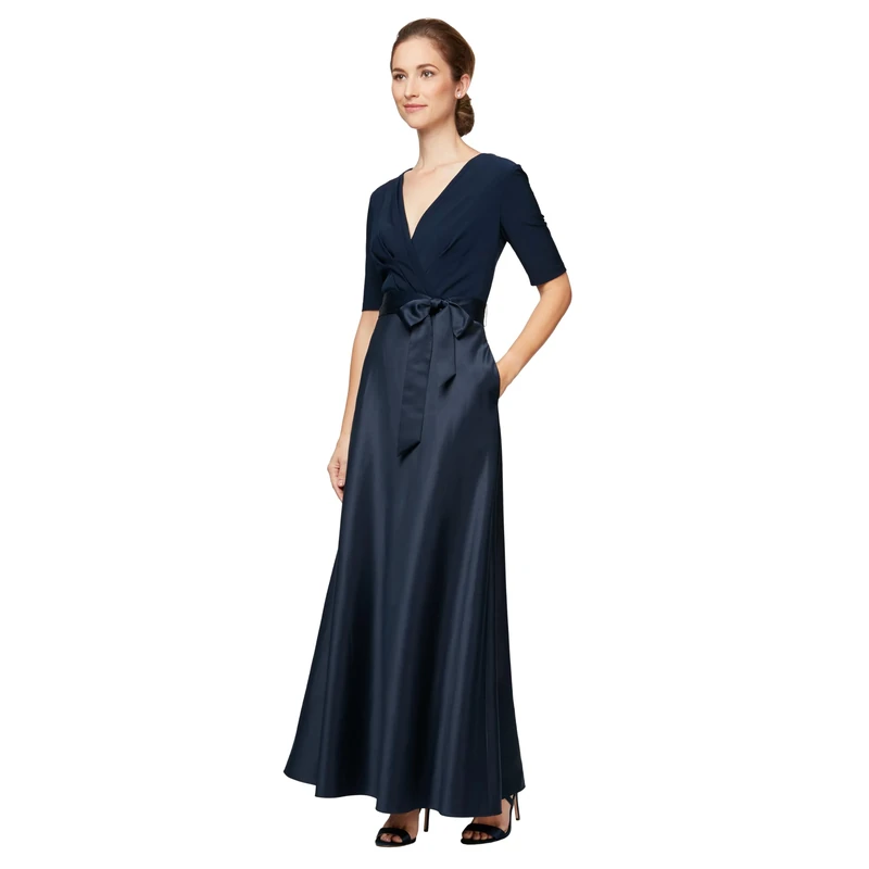 Alex Evenings Women's Ballgown Dress with Sleeve (Petite and Regular Sizes) Special Occasion, Navy Satin, 18