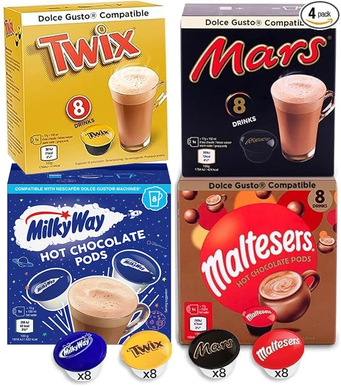32 Dolce Gusto Hot Chocolate Capsules - Mars, Twix, Milkyway, Maltesers (4 x 8 packs)