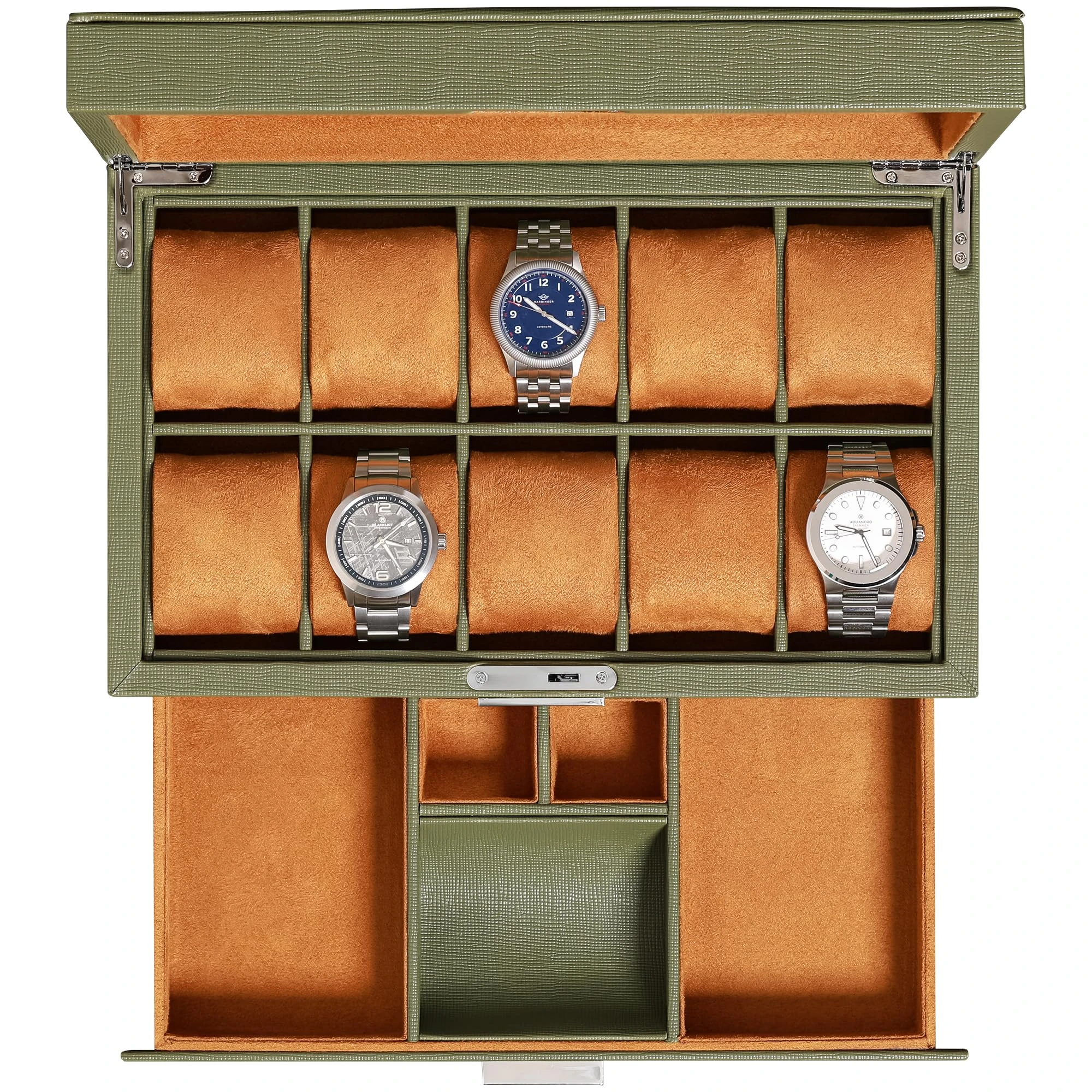 ROTHWELL 10 Slot Leather Watch Box with Valet Drawer - Luxury Watch Case Display Organizer, Ultra Soft Microsuede Liner, Locking Jewelry Watches Holder With Large Glass Top (Green/Tan)