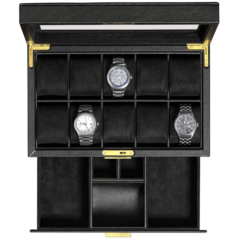 ROTHWELL 10 Slot Watch Box with Valet Drawer - Luxury Watch Case Display Organizer, Ultra Soft Microsuede Liner, Locking Jewelry Watches Holder With Large Glass Top (Black/Black)