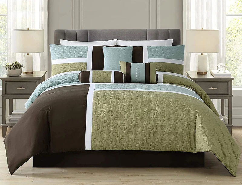 Chezmoi Collection Comforter Set, Polyester, Coffee/Aqua Blue/Sage Green, King
