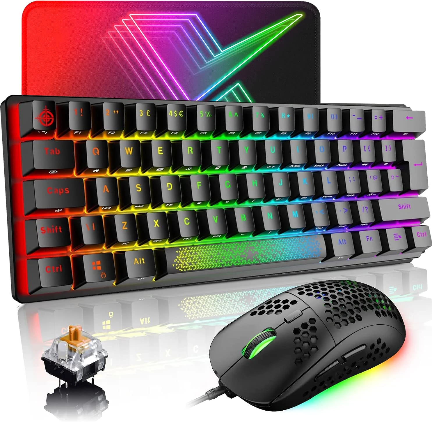 LexonElec UK Layout Mechanical Gaming Keyboard RGB 14 Backlight Effects Mini 62 Keys Wired Type C + Lightweight RGB 6400DPI Honeycomb Mouse + Mouse Pad Compatible With PS4,Xbox,PC,Laptop