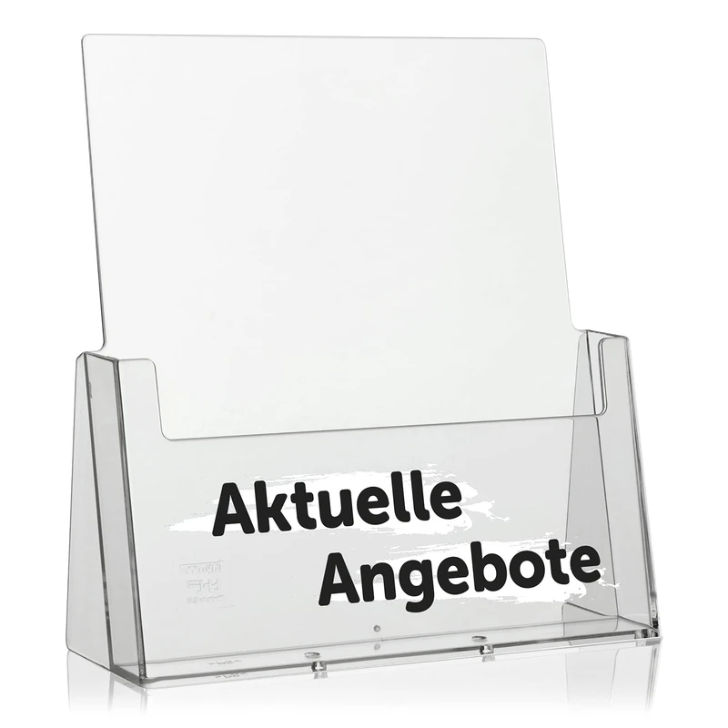 taymar DIN A4 Flyer Stand, Brochure Holder, Set of 5, Transparent Brochure Stand, Table Brochure Stand Incl. Printed German Text "Aktuelle Angebote", Black/White - Image 1