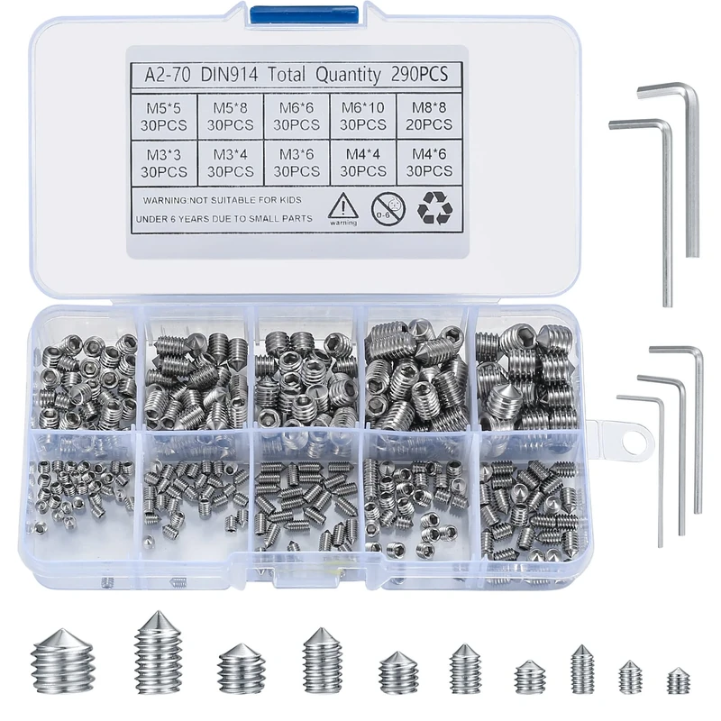 290 Pcs Cone Cup Point Grub Screws, M3/M4/M5/M6/M8 Hex Head Socket Screws Set Assorted, Mixed Stainless Steel Metric Threads with Internal Hex Drive for Door Handles, with 5 Pcs Allen Key