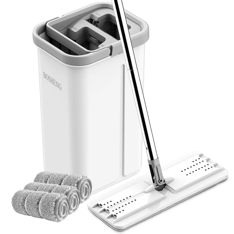 BOSHENG Flat Floor Mop and Bucket Set with 3 Microfiber Pads