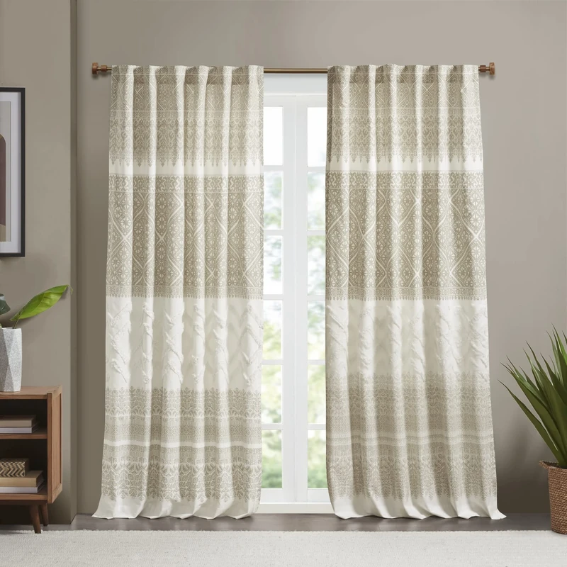 INK+IVY Mila 100% Cotton Single Panel Curtain Tufted Chenile Boho Design Rod Pocket Top Drape for Living Room, Privacy Window Treatment for Bedroom, Apartments, 50" x 84", Taupe/White,II40-1183
