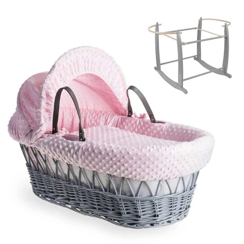 Clair de Lune Dimple Grey Wicker Moses Basket with Grey Deluxe Rocking Stand 68 x 30 cm (Pink)