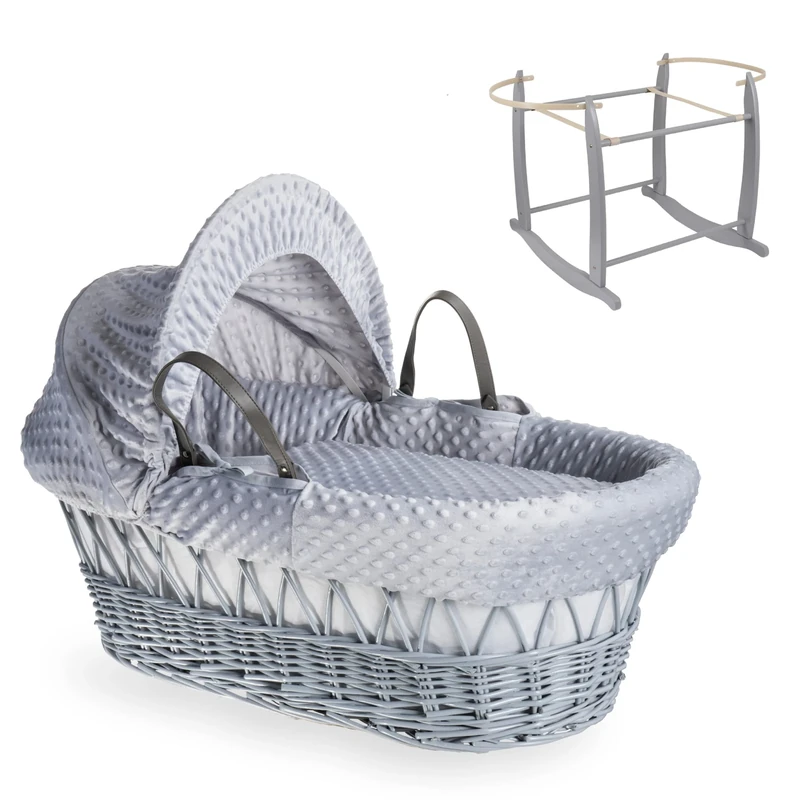 Clair de Lune Dimple Grey Wicker Moses Basket with Grey Deluxe Rocking Stand 68 x 30 cm (Grey)