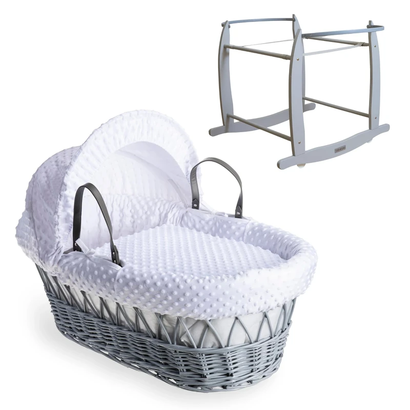 Clair de Lune Dimple Grey Wicker Moses Basket with Grey Deluxe Rocking Stand 68 x 30 cm (White)