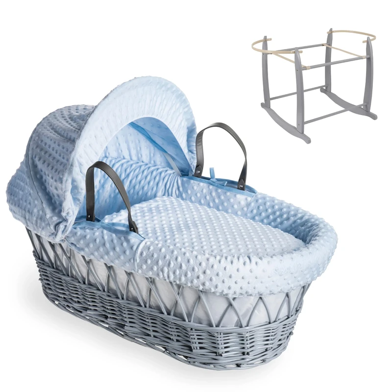 Clair de Lune Dimple Grey Wicker Moses Basket with Grey Deluxe Rocking Stand 68 x 30 cm (Blue)