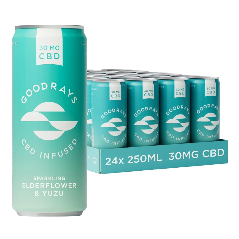 GOODRAYS CBD Drinks, Sparkling Low Calorie Soft Drink, Vegan, Elderflower & Yuzu, 24 x 250ml Cans, Packaging May Vary