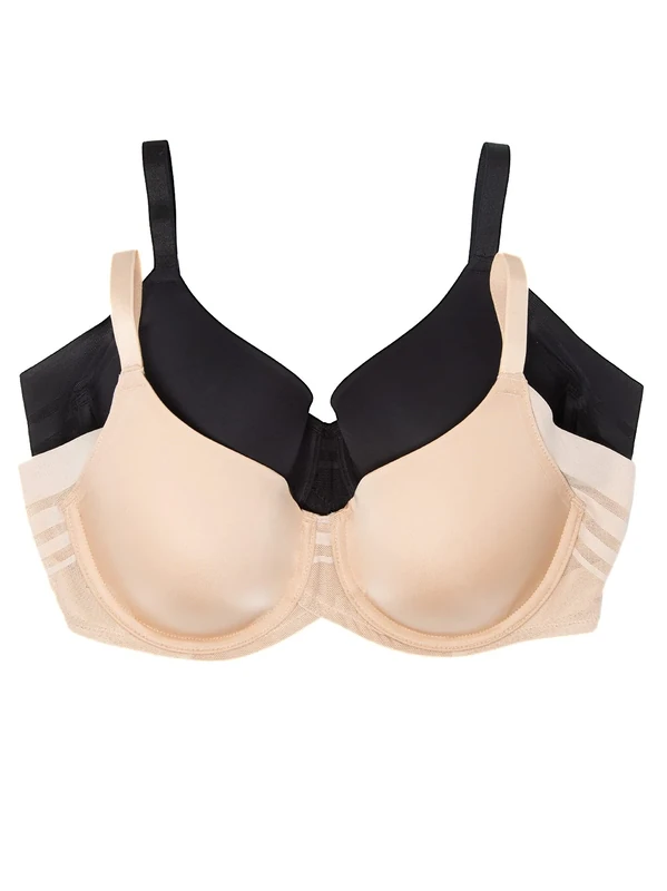 Felina Paramour Marvelous Side Smoothing T-Shirt Bra 2-Pack (Black Warm Neutral, 42C)