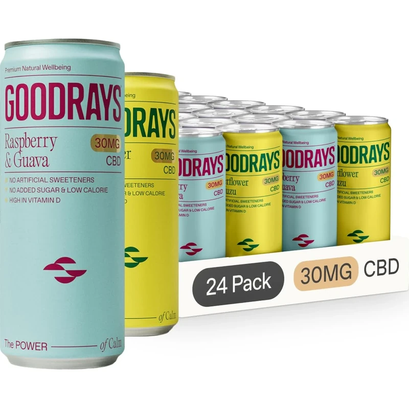 GOODRAYS CBD Drinks, Sparkling Low Calorie Soft Drink, Vegan, 2 Flavour Mixed Pack, 24 x 250ml Cans, Packaging May Vary