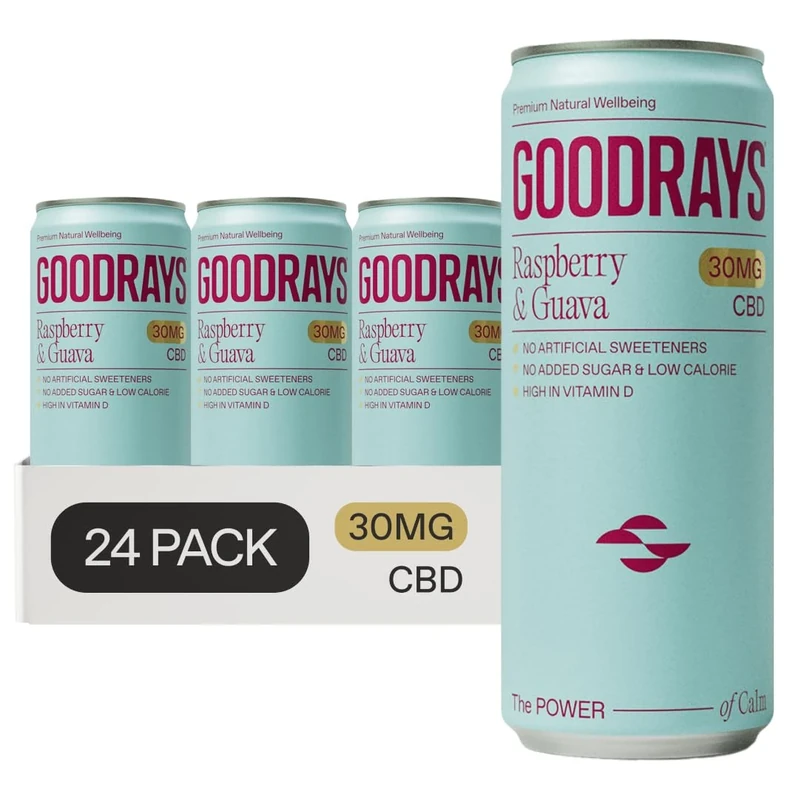 GOODRAYS CBD Drinks, Sparkling Low Calorie Soft Drink, Vegan, Raspberry & Guava, 24 x 250ml Cans, Packaging May Vary