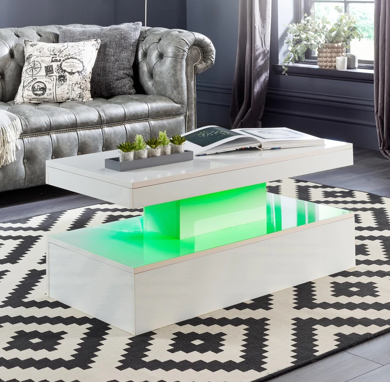 MMT Furniture Designs Ltd White Coffee Table with LED lights For Modern Living Room, Two Shelf Design 90cm x 46cm x 39cm battery powered