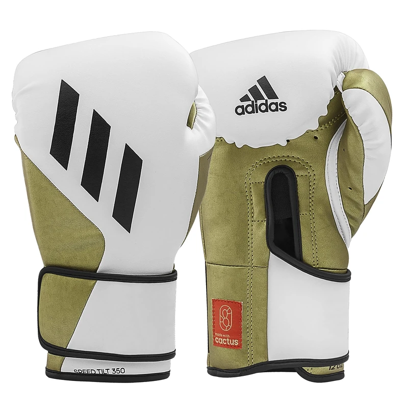 adidas Speed Tilt 350 Velcro Boxing Gloves 16 oz White/Gold with Innovative TILT® Technology The First 100% Sustainably Made Boxing Gloves Made of Cactus Leather