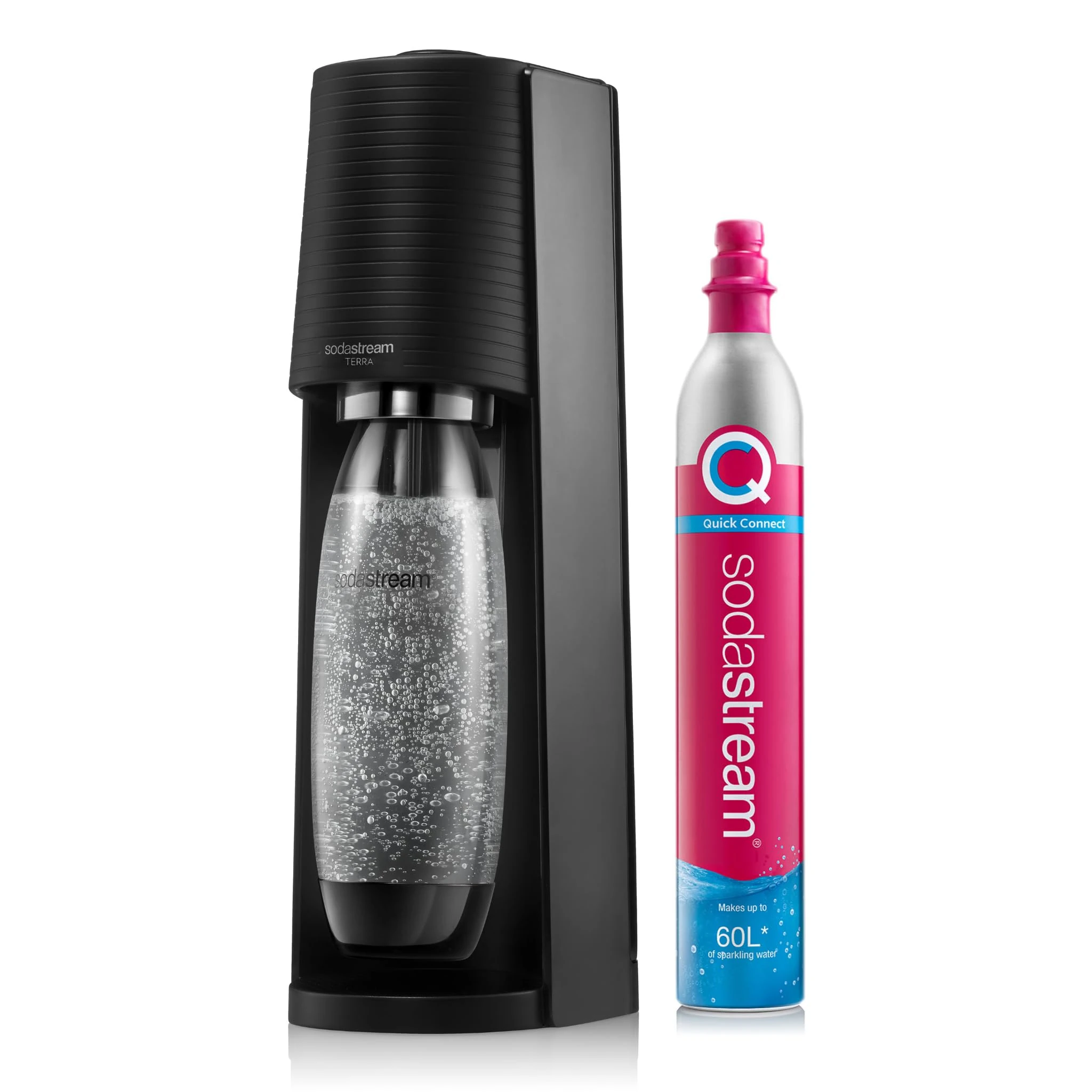 SodaStream - Terra Sparkling Water Maker, Quick Connect CO2 System, Includes 60L Gas Cylinder, BPA-Free 1L Bottle, Eco-Friendly & Reduces Plastic Waste, Black