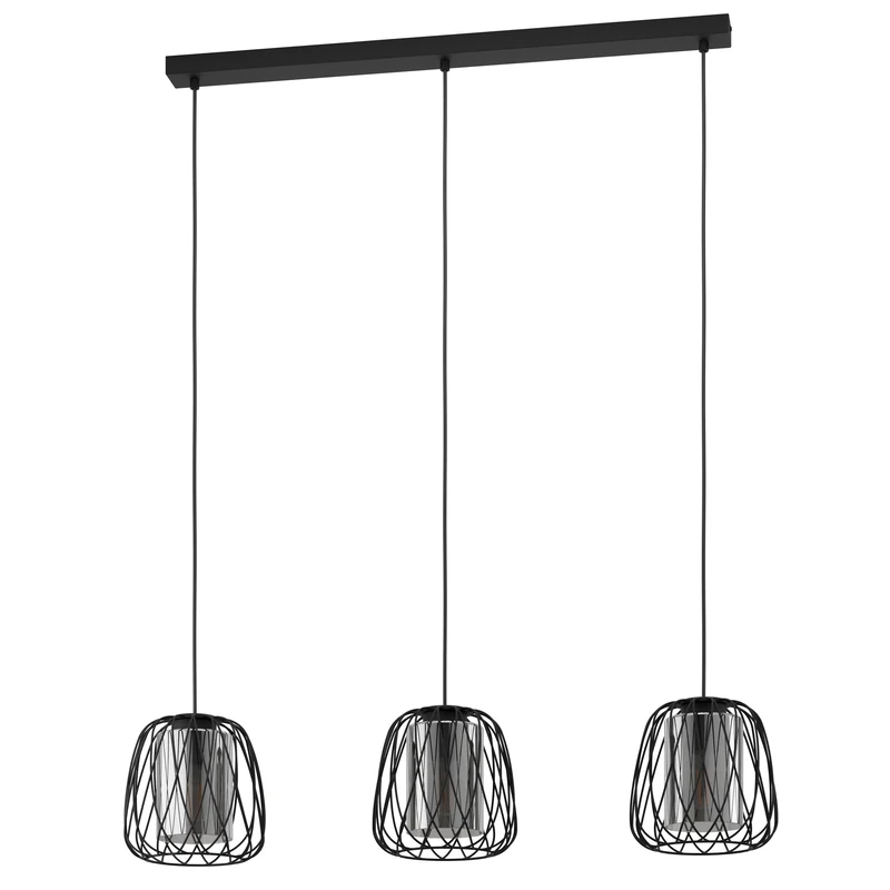 Eglo Pendant Lighting Floresta, 3 Bulb Ceiling Light Fitting Made of Black Metal and Smoked Glass, Hanging lamp for Dining and Living Room, E27 Socket