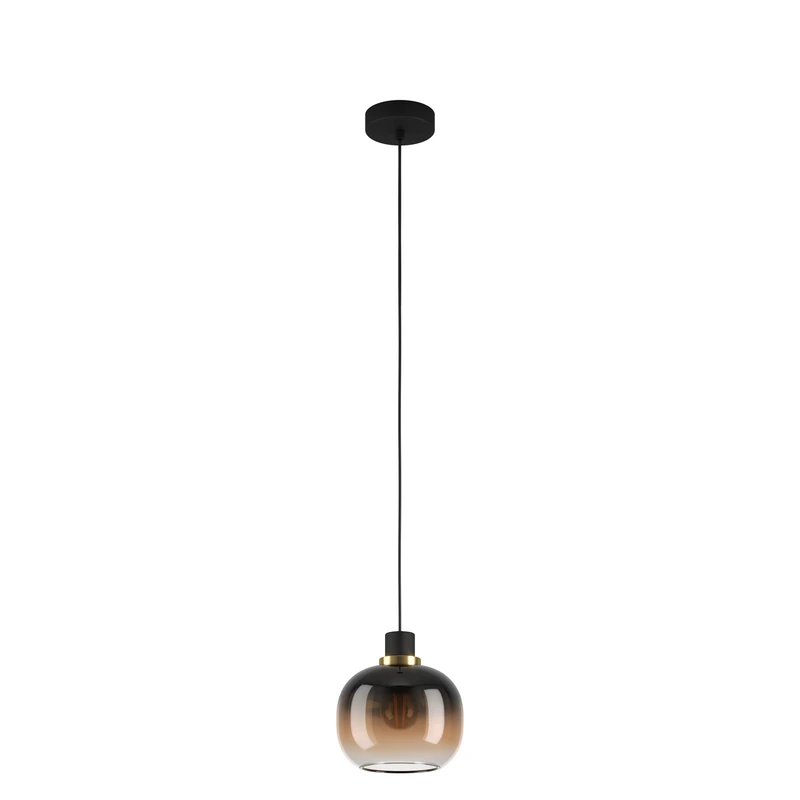 Eglo Oilella Pendant lamp, 1-Light Smoke Glass Above Dining Table, Hanging Metal Ceiling lamp with Globe in Black-Brown Brass, Light E27 Socket, Ø 19 cm