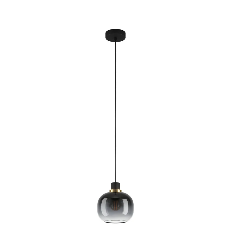 Eglo Pendant lamp Oilella, 1-Light Hanging Ceiling Light Smoked Glass Above Dining Table, Metal with Globe in Black-Grey Brass, E27 Socket, Ø 19 cm