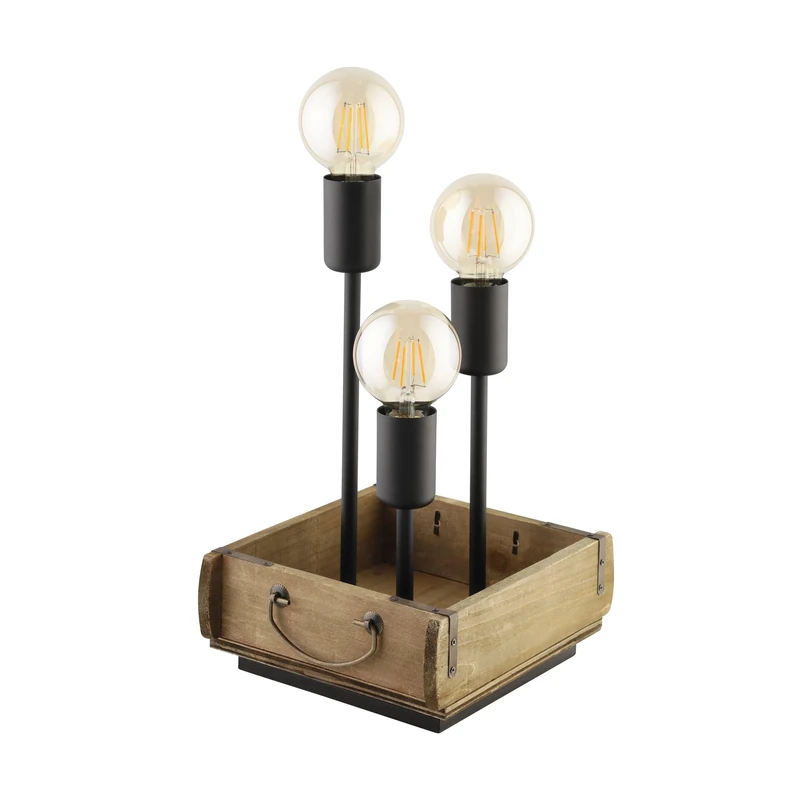 Eglo Bedside lamp Wootton, 3 Bulb Vintage Table Light Made of Brown Wood and Black Metal, Living Room Lighting with Switch, E27 Socket